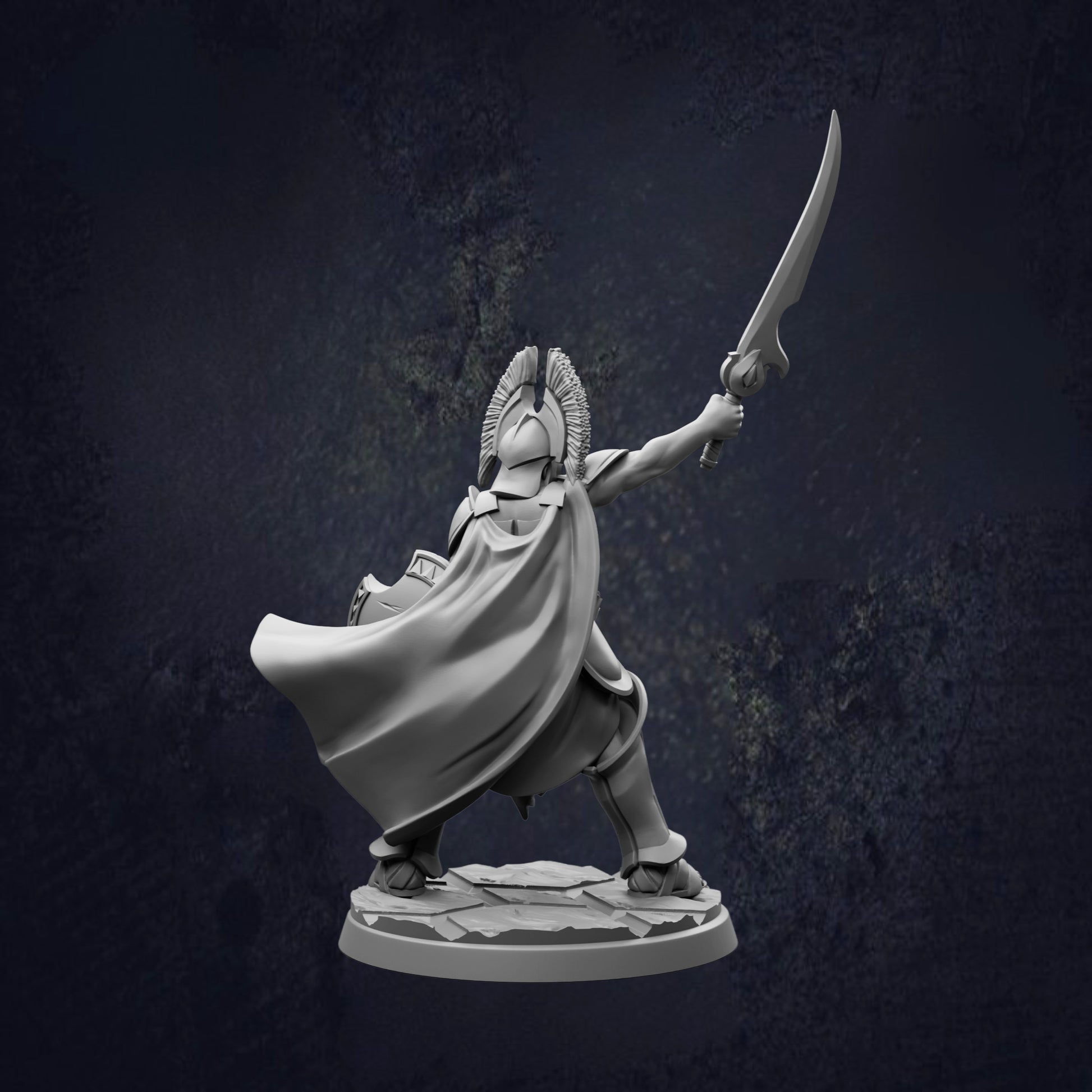 A statue of a warrior figure with a sword raised, standing on a platform against a dark background.