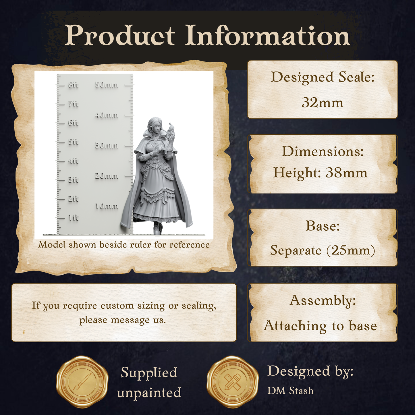 The image is a product information graphic that provides details about a model, including its dimensions, base, and assembly instructions.