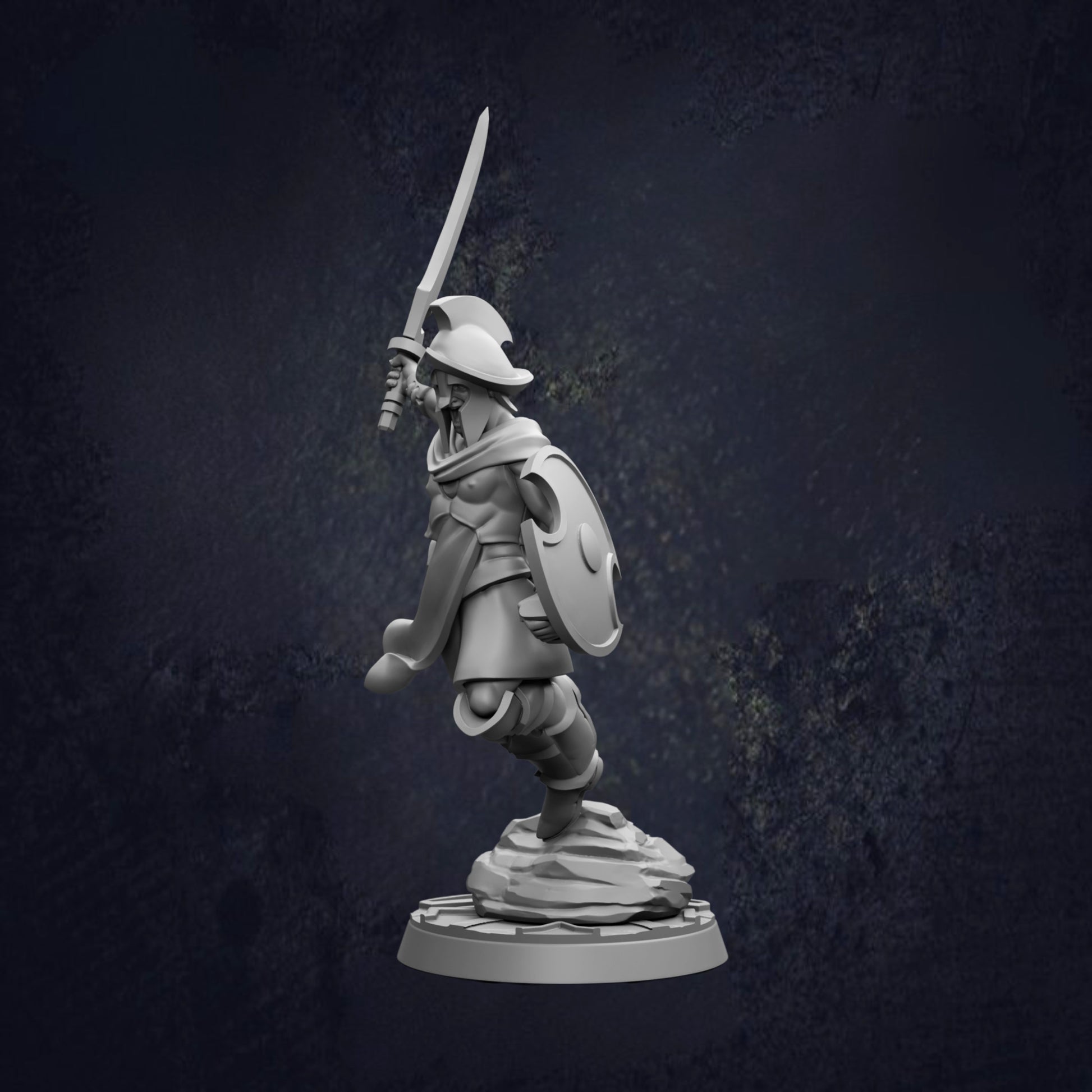 A 3D model of a warrior figure holding a sword and shield, standing on a rock against a dark background.