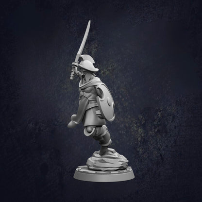 A 3D model of a warrior figure holding a sword and shield, standing on a rock against a dark background.