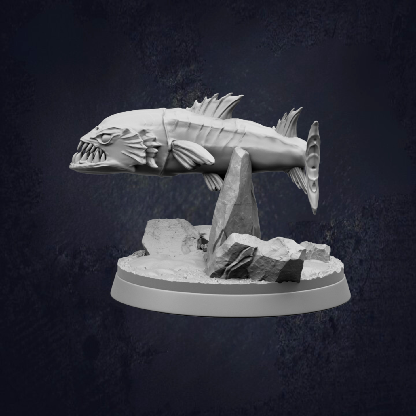 A 3D model of a fish sculpture is displayed against a dark background.