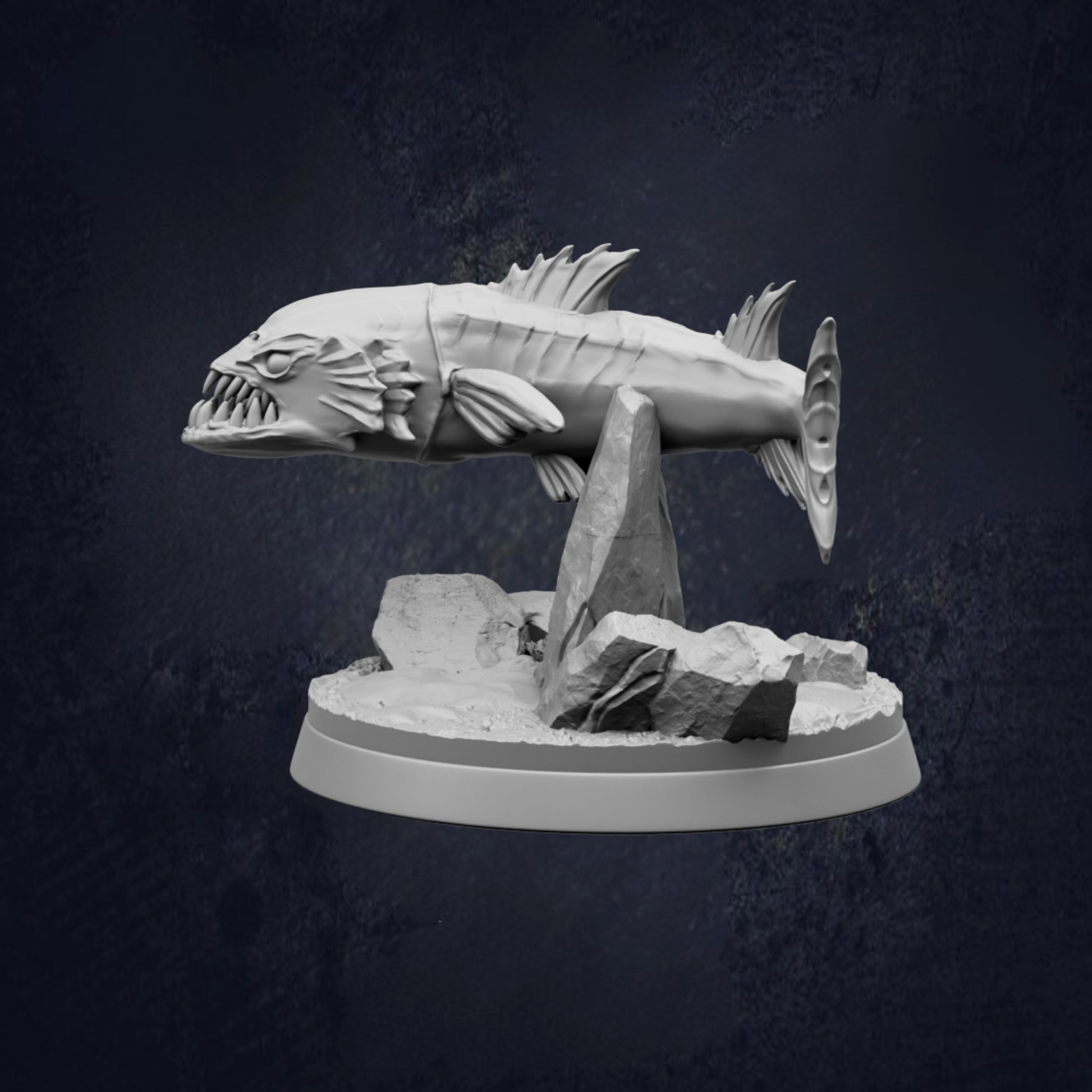 A 3D model of a fish sculpture is displayed against a dark background.