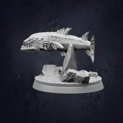A 3D model of a fish sculpture is displayed against a dark background.