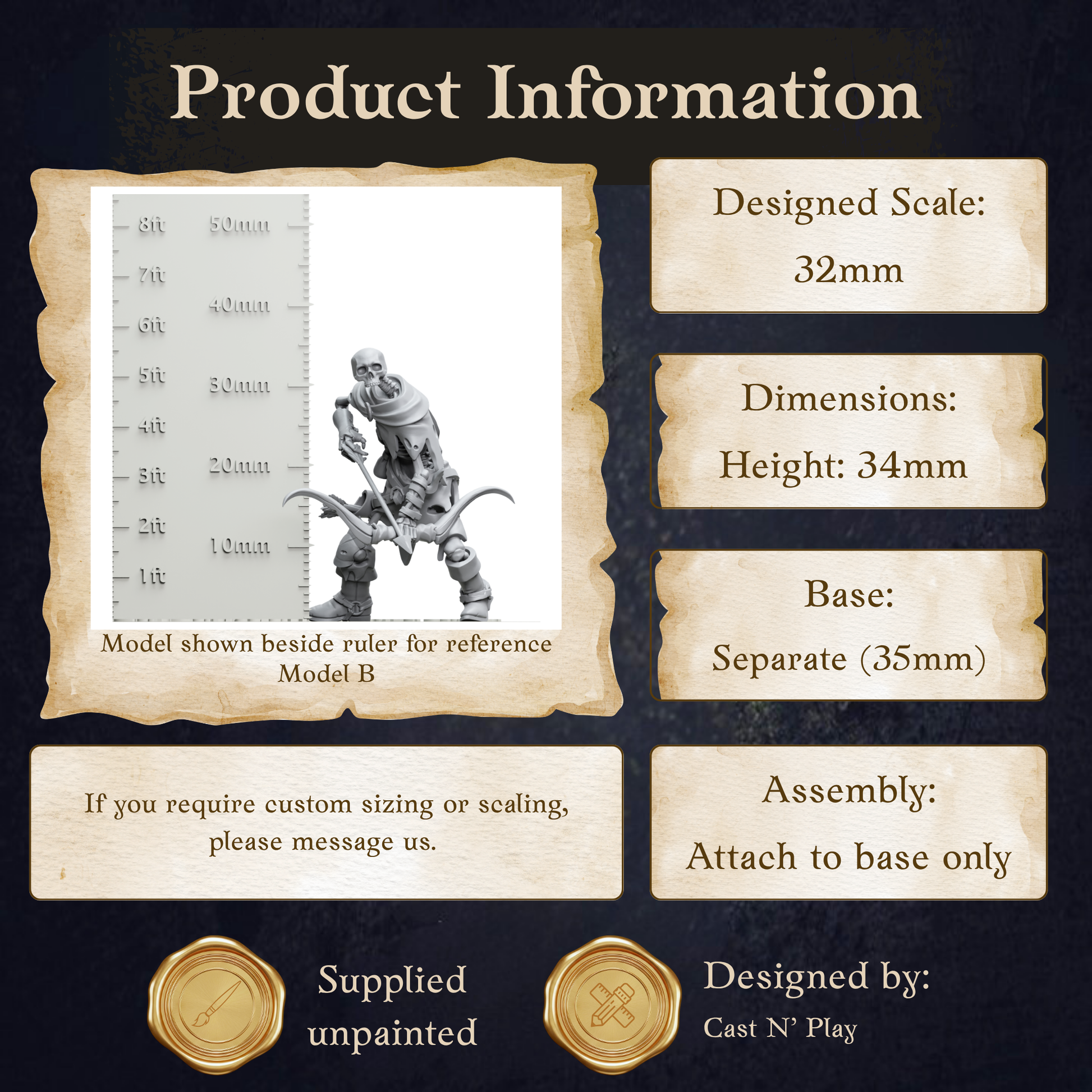 The image is a product information graphic that provides details about a model, including its dimensions, base, and assembly instructions.