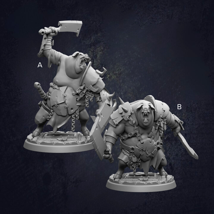 two detailed 3D models of fantastical creatures, each holding a weapon and standing on a platform.