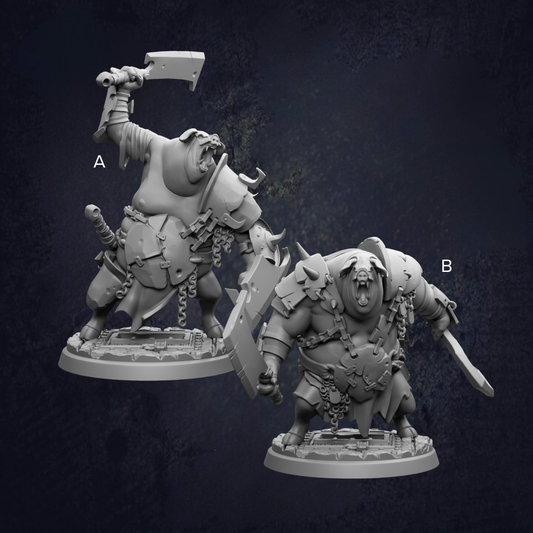 two detailed 3D models of fantastical creatures, each holding a weapon and standing on a platform.
