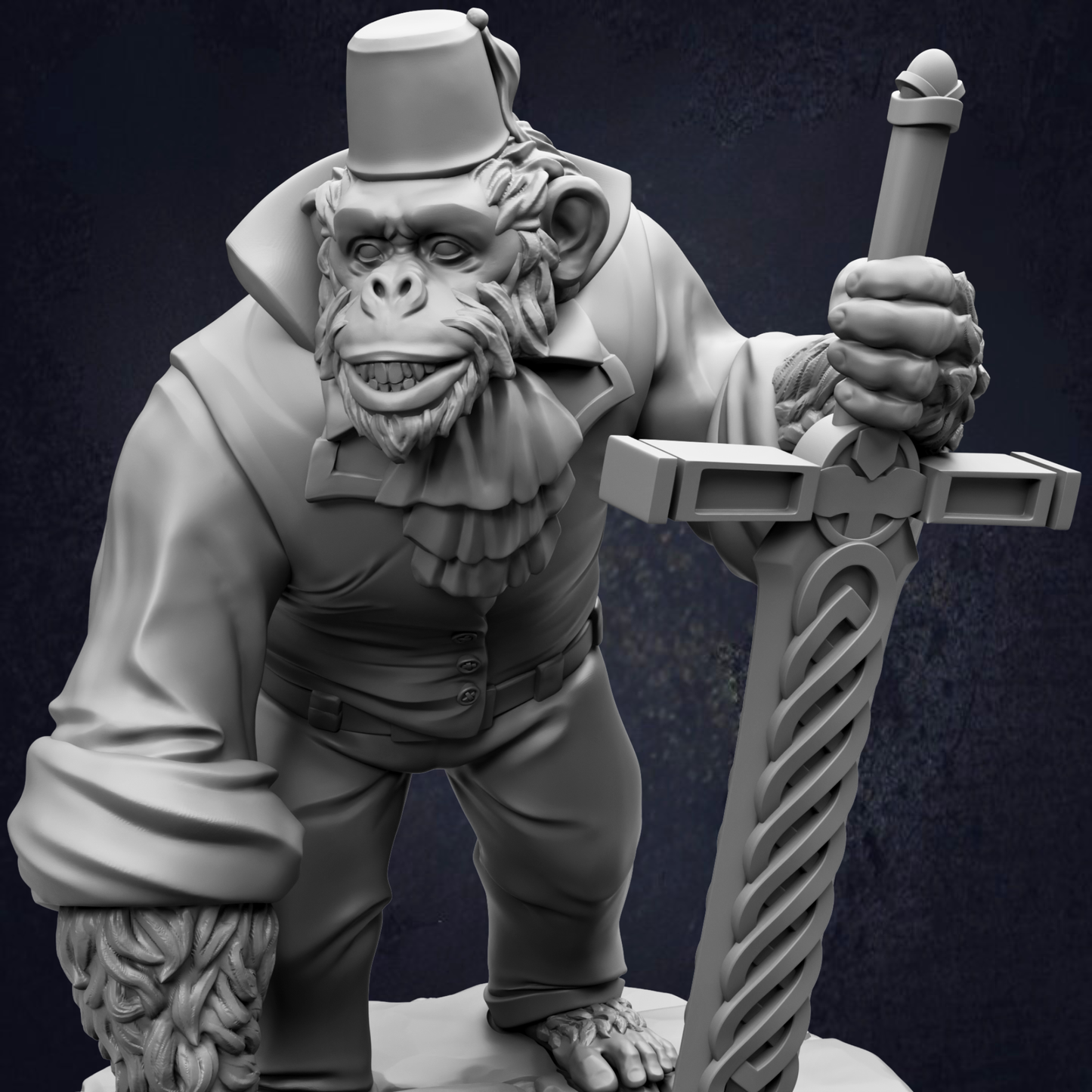 A detailed 3D model of a monkey-like creature holding a sword and wearing a hat.