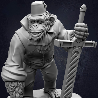 A detailed 3D model of a monkey-like creature holding a sword and wearing a hat.