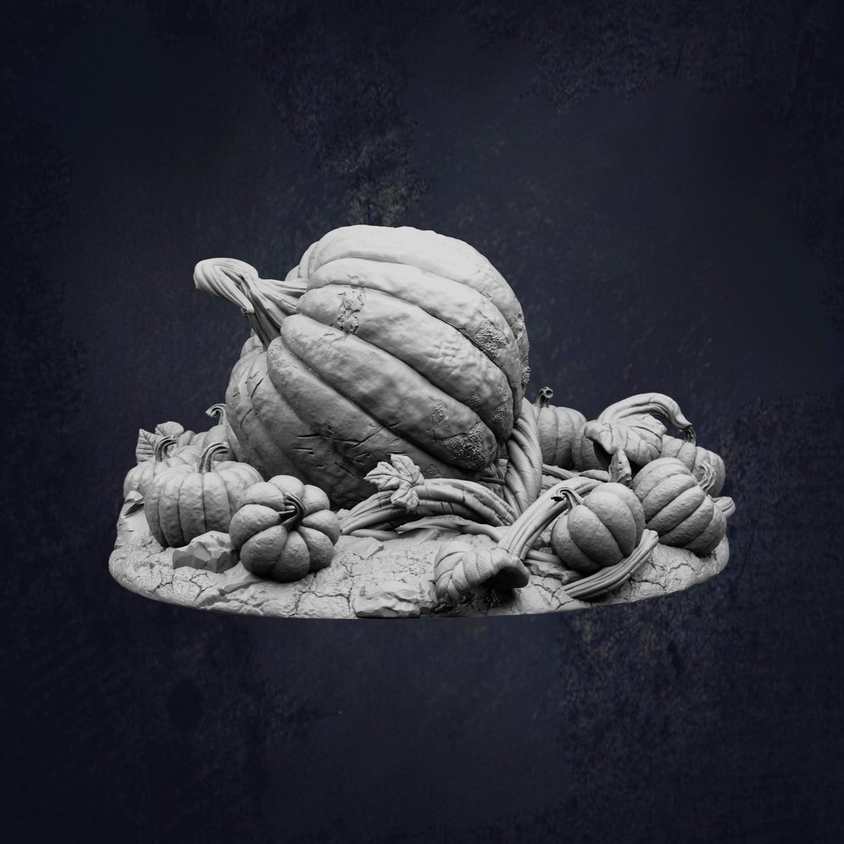 A black and white image depicting a sculpture of a large pumpkin surrounded by smaller pumpkins.