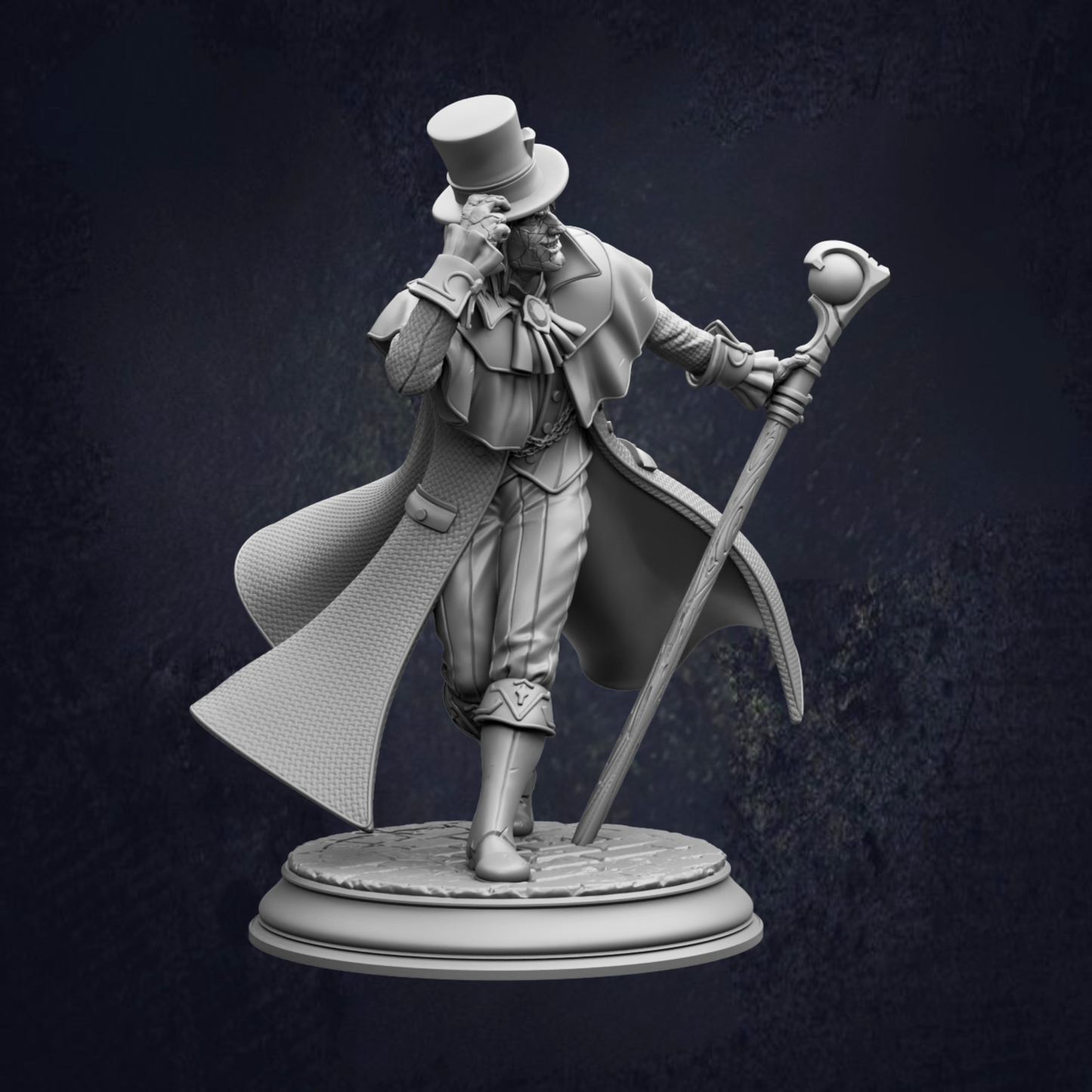 A statue of a man wearing a top hat and holding a cane, standing on a pedestal against a dark background.