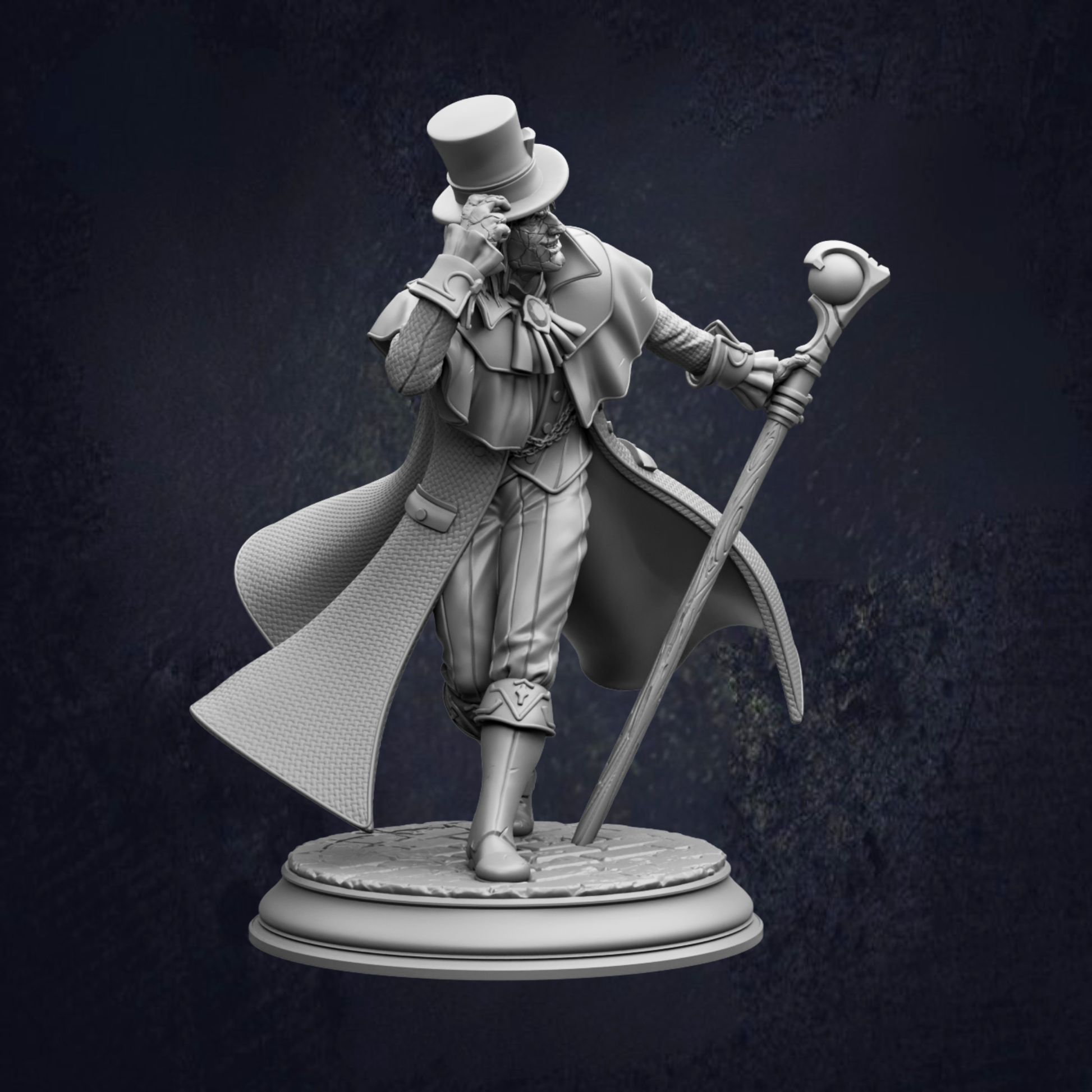 A statue of a man wearing a top hat and holding a cane, standing on a pedestal against a dark background.