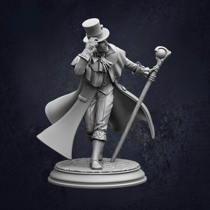 A statue of a man wearing a top hat and holding a cane, standing on a pedestal against a dark background.