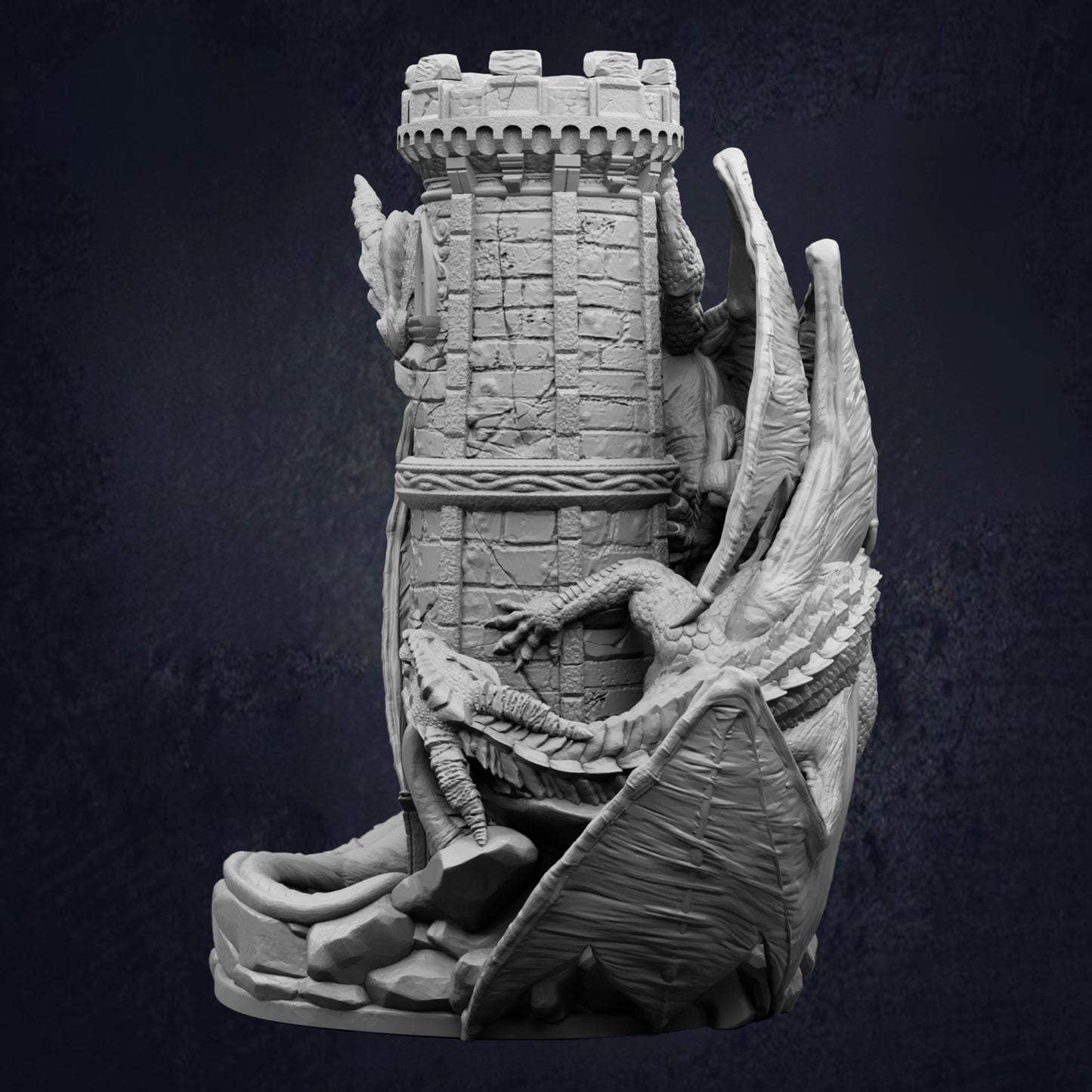 A detailed 3D rendering of a castle-like structure with a tower, surrounded by a dragon-like creature.