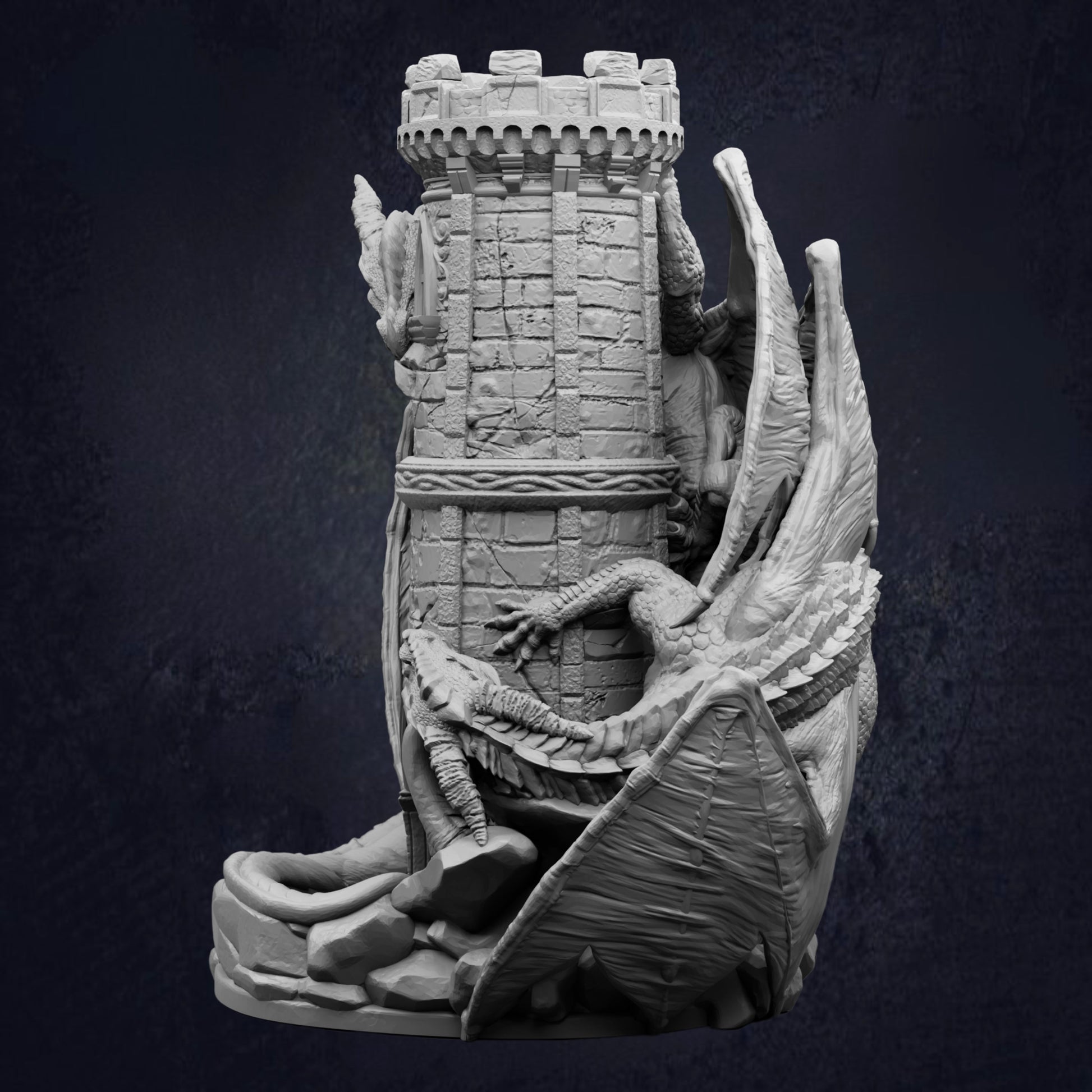 A detailed 3D rendering of a castle-like structure with a tower, surrounded by a dragon-like creature.