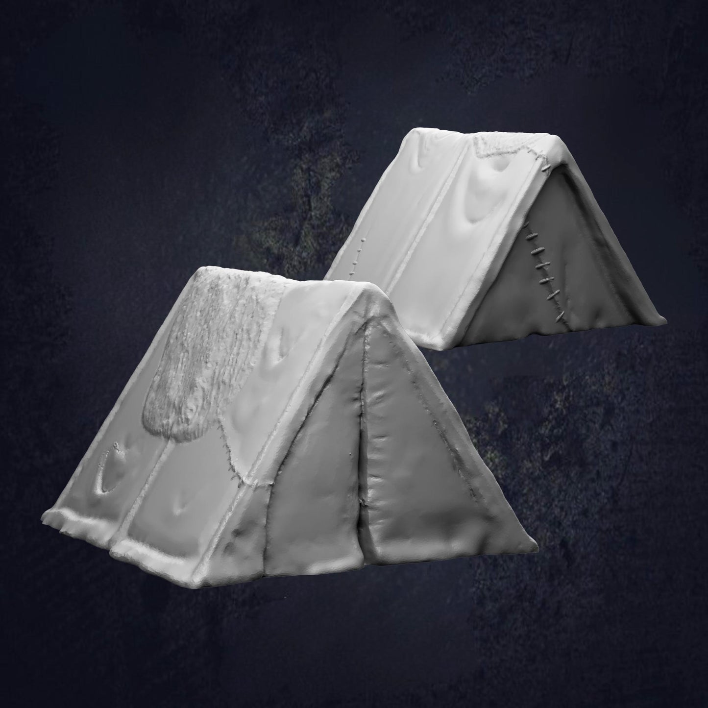 two white tents with visible tears and damage, set against a dark background.