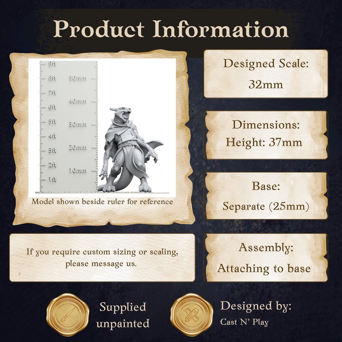 The image is a product information graphic that provides details about a model, including its dimensions, base, and assembly instructions.