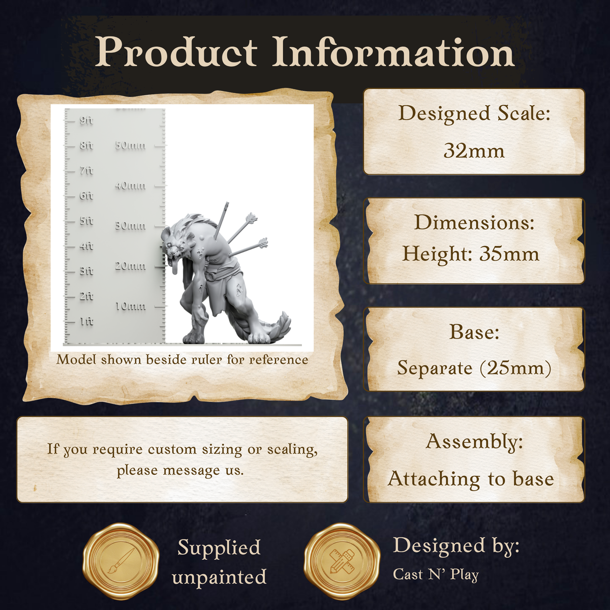 The image is a product information display featuring a model shown beside a ruler for reference. The model is designed in the scale of 32mm. The dimensions of the model are 35mm in height and 14mm in width. The base of the model is 25mm. The display provides assembly instructions for attaching the base to the model. The image is a collage of multiple images, and the text should be described without redundancy and vague wording.