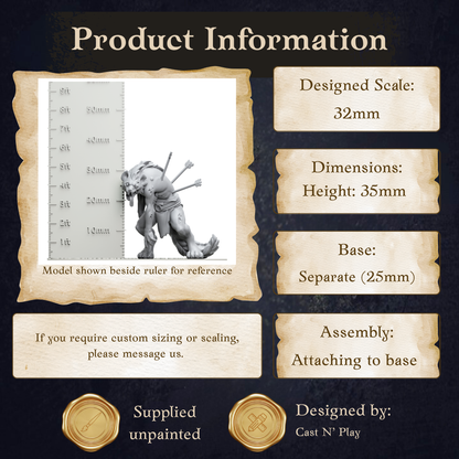 The image is a product information display featuring a model shown beside a ruler for reference. The model is designed in the scale of 32mm. The dimensions of the model are 35mm in height and 14mm in width. The base of the model is 25mm. The display provides assembly instructions for attaching the base to the model. The image is a collage of multiple images, and the text should be described without redundancy and vague wording.