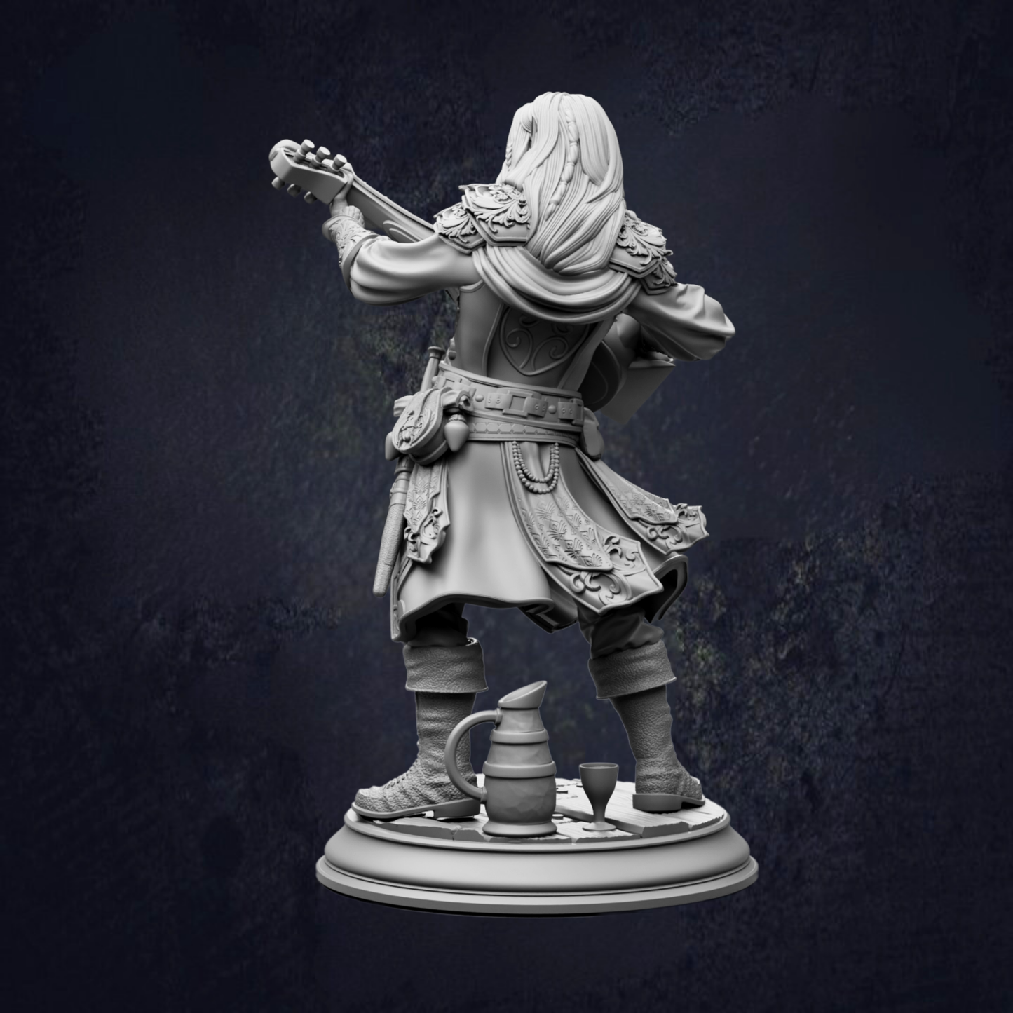 A statue of a person playing a guitar, standing on a pedestal.