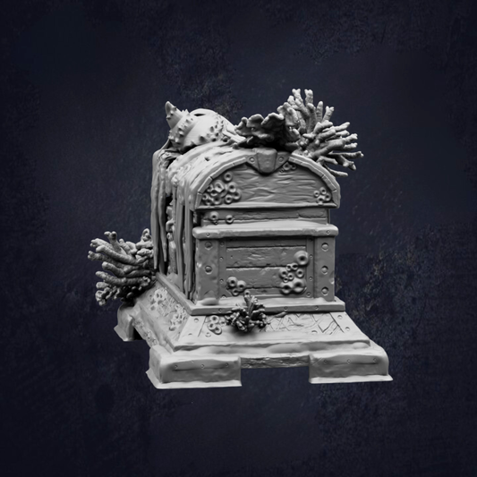 A detailed, intricate sculpture of a wooden chest or box adorned with various organic elements, such as plants and shells, set against a dark background.