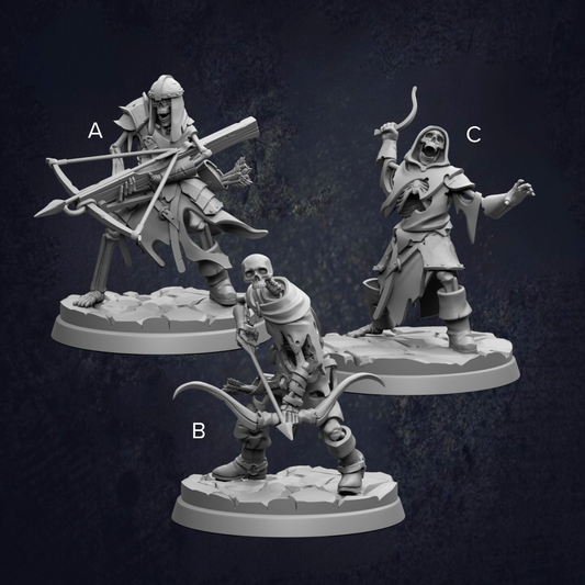 three different figurines of characters, each with unique poses and weapons, set against a dark background.