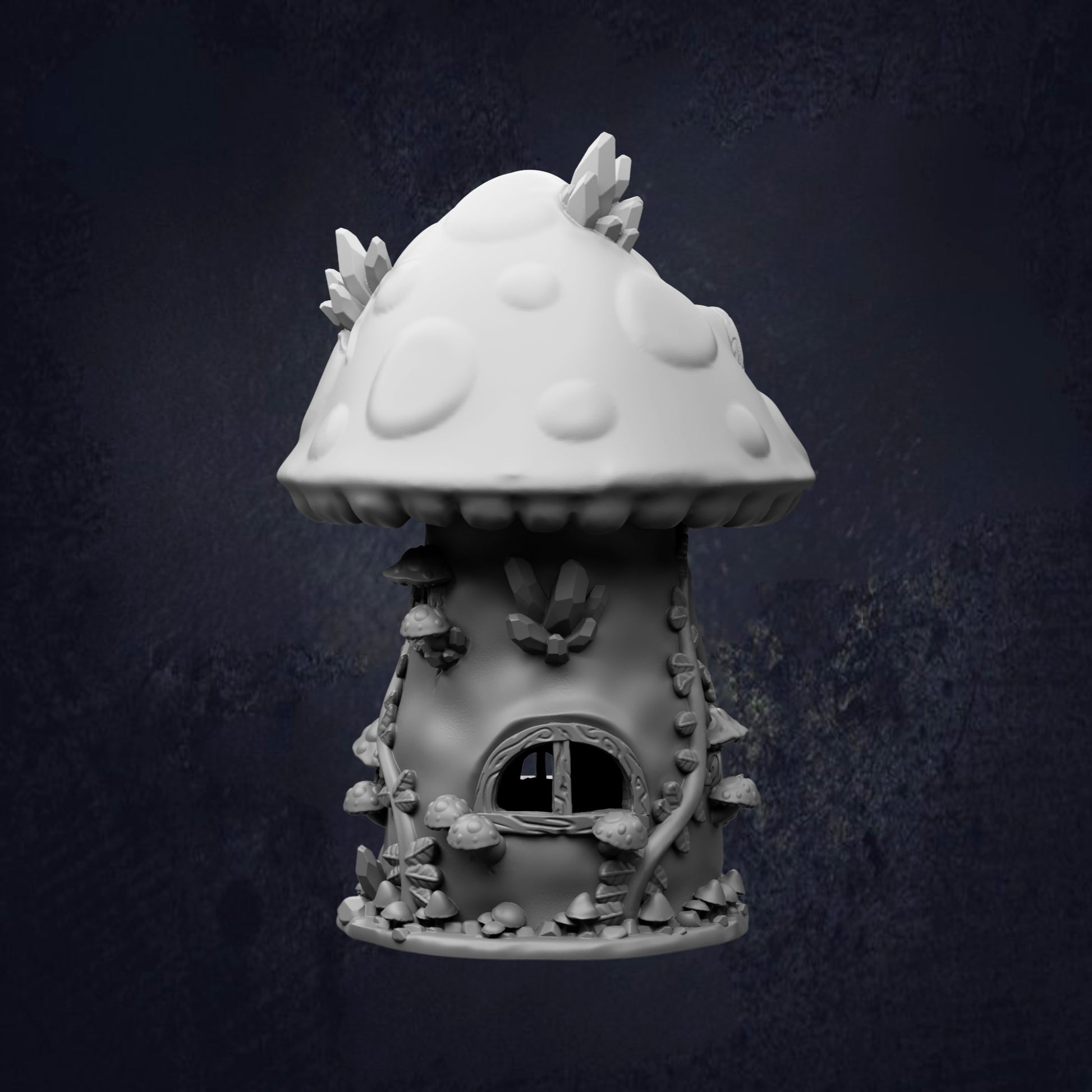 A whimsical mushroom-shaped house with a pointed top and a small window, surrounded by various mushrooms and other organic elements, set against a dark background.