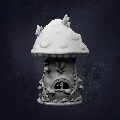 A whimsical mushroom-shaped house with a pointed top and a small window, surrounded by various mushrooms and other organic elements, set against a dark background.