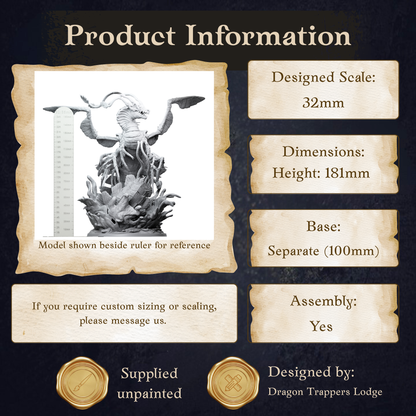 The image is a product information page for a dragon trappers lodge statue. It provides details about the statue, including its dimensions, base, and assembly instructions.