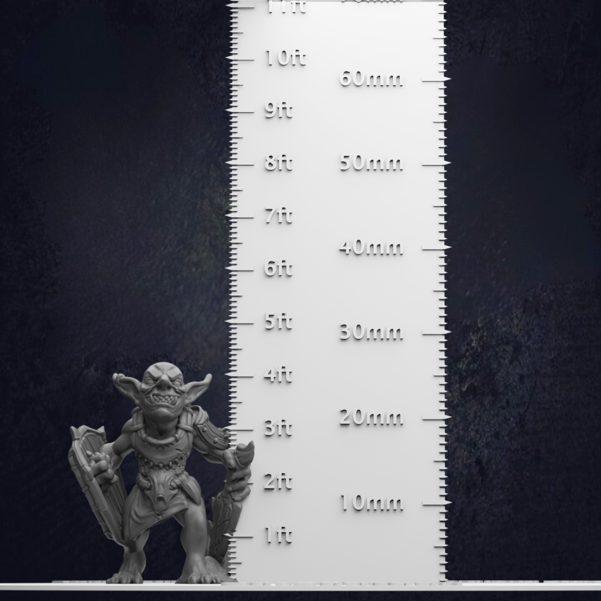 A small figurine of a creature, possibly a monster or a gnome, standing next to a ruler for size comparison.