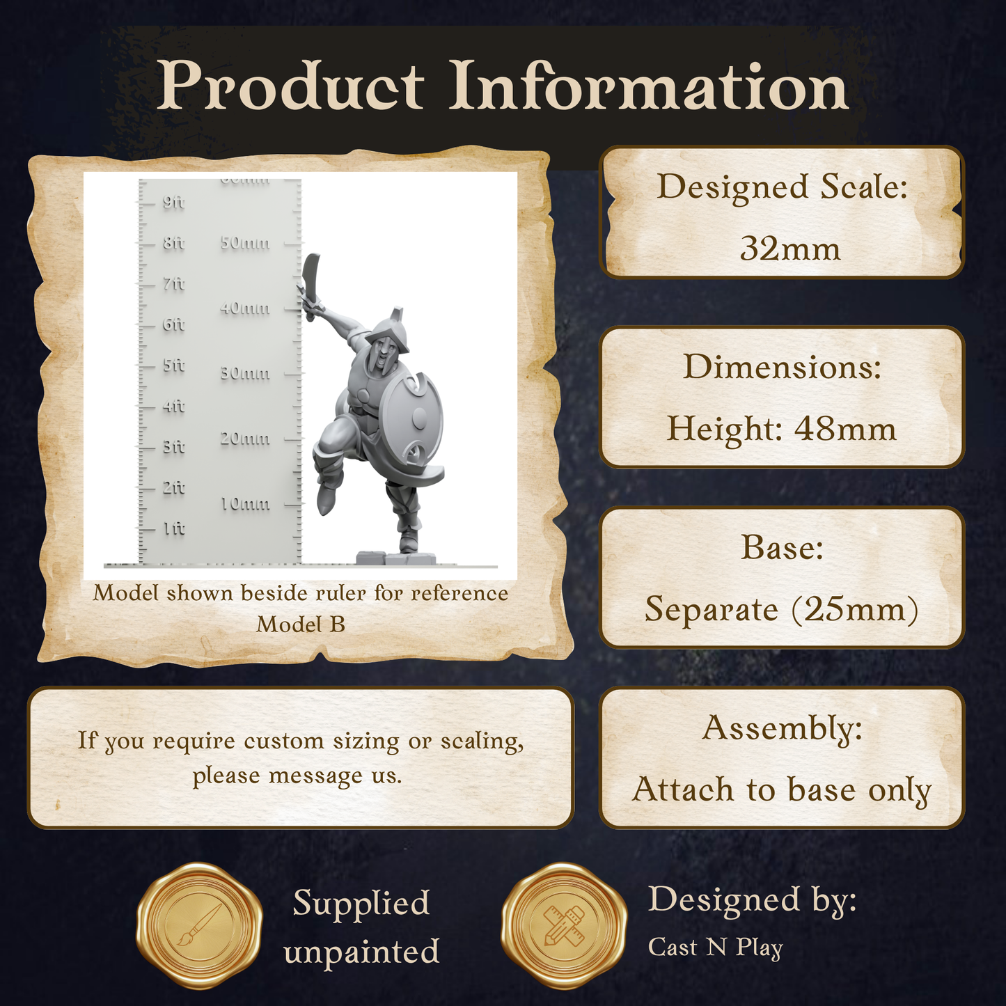 The image is a product information display featuring a model of a person, likely a figurine or toy, with dimensions and a base size.