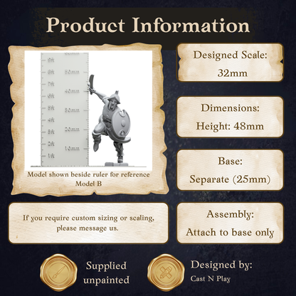 The image is a product information display featuring a model of a person, likely a figurine or toy, with dimensions and a base size.