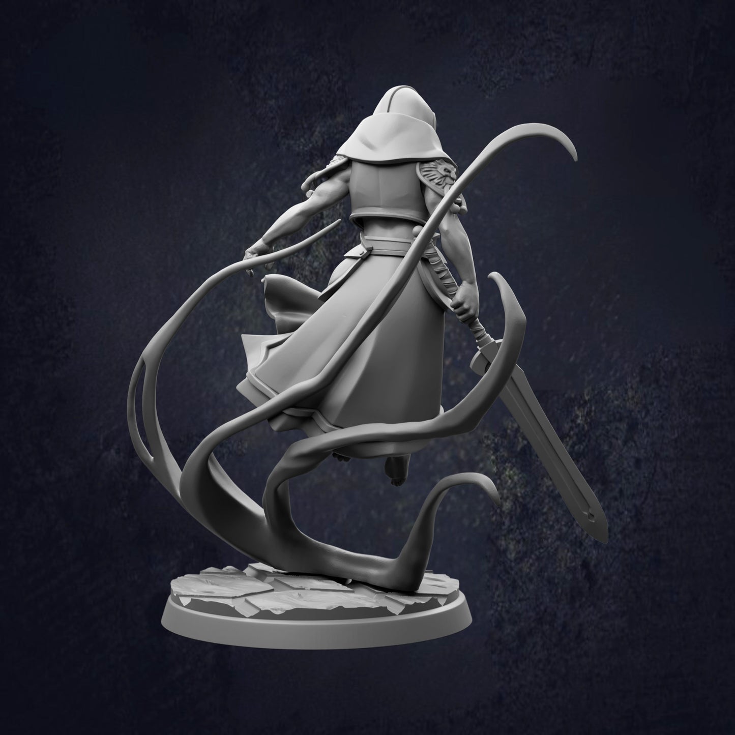 A 3D rendering of a figure in a flowing robe, wielding a sword, with a dark background.