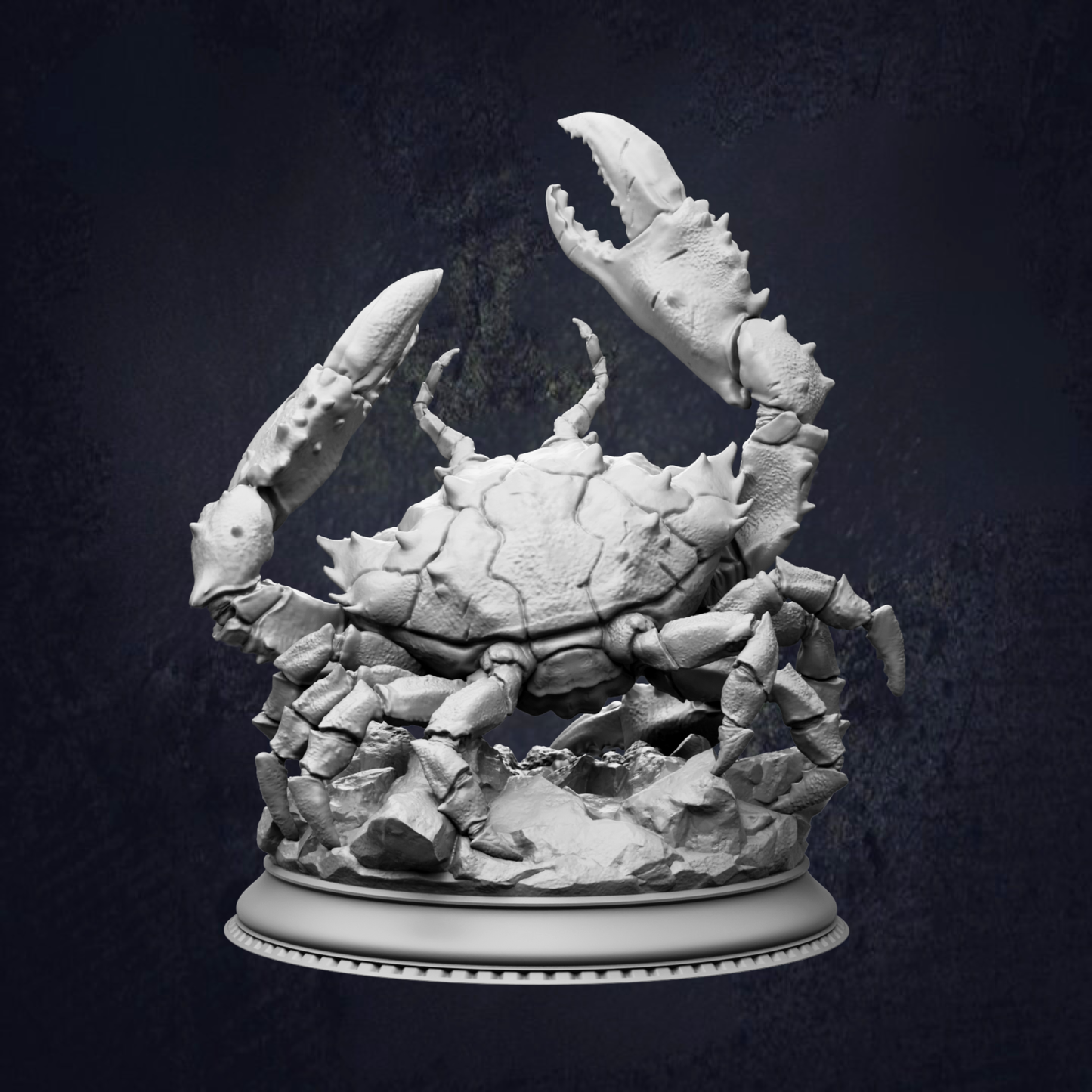 A detailed 3D model of a crab with its claws extended, set against a dark background.