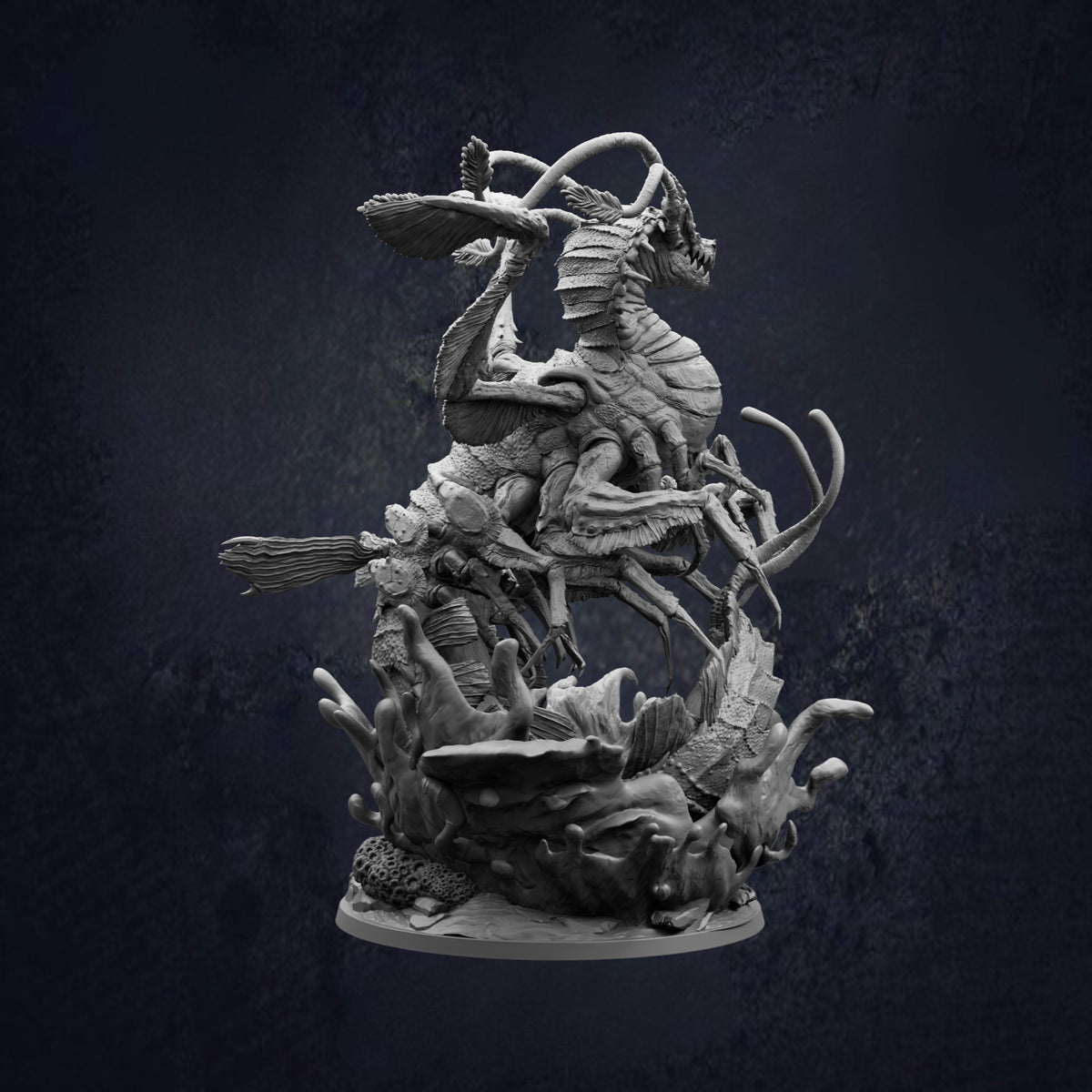 A detailed, intricate sculpture depicting a fantastical creature with a large head, long neck, and multiple legs, surrounded by a dark, mysterious background.