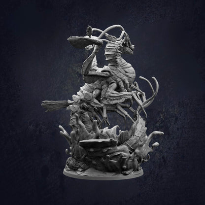 A detailed, intricate sculpture depicting a fantastical creature with a large head, long neck, and multiple legs, surrounded by a dark, mysterious background.