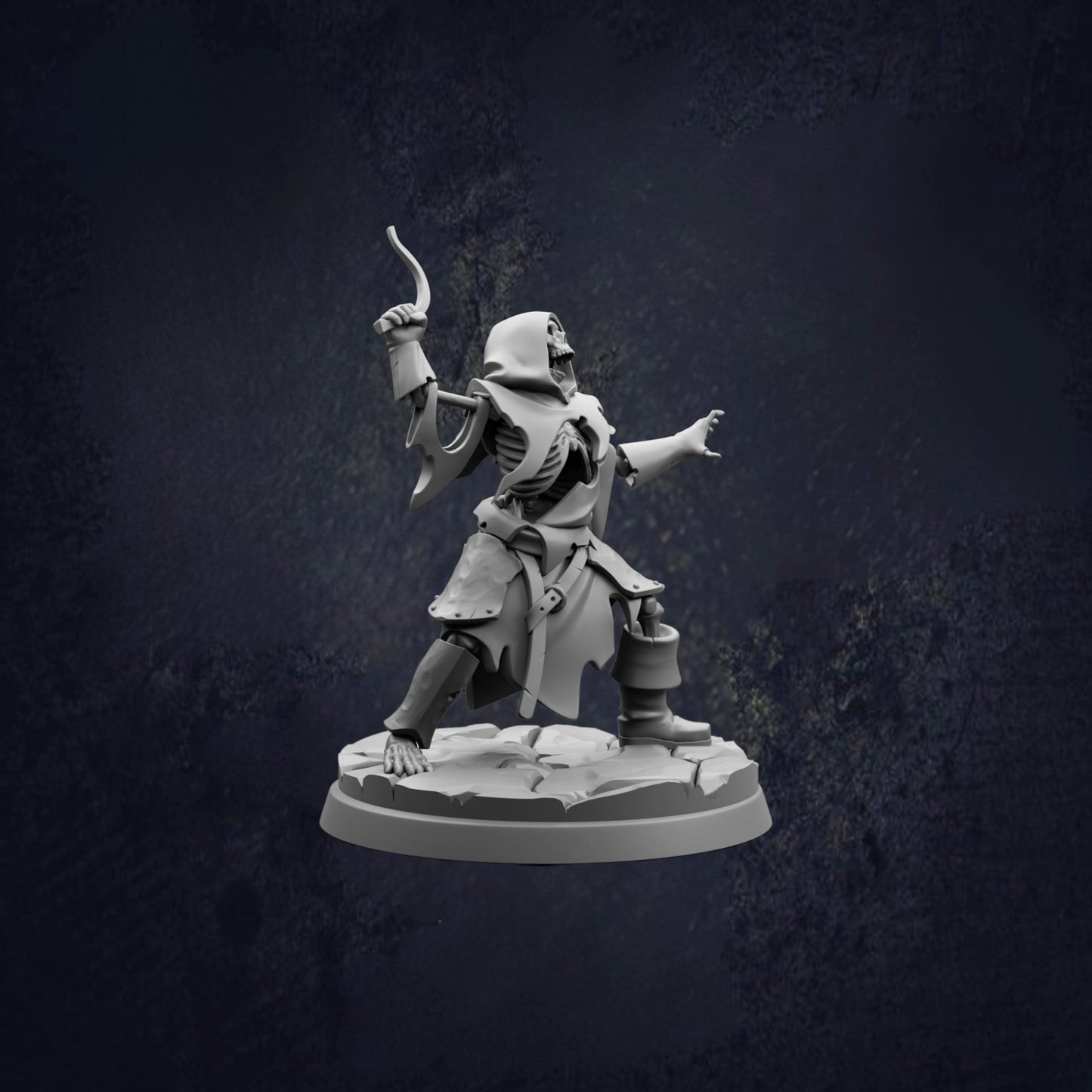 A 3D rendering of a figure in a robe and hood, holding a weapon and standing on a platform against a dark background.
