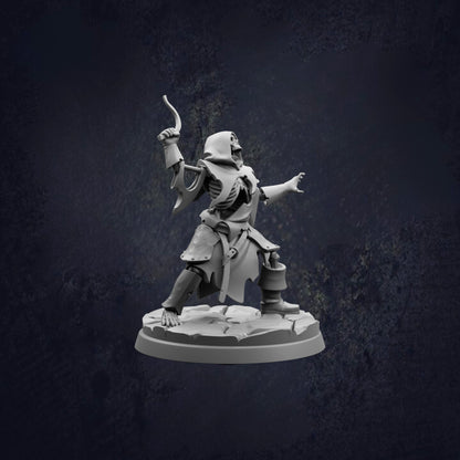A 3D rendering of a figure in a robe and hood, holding a weapon and standing on a platform against a dark background.