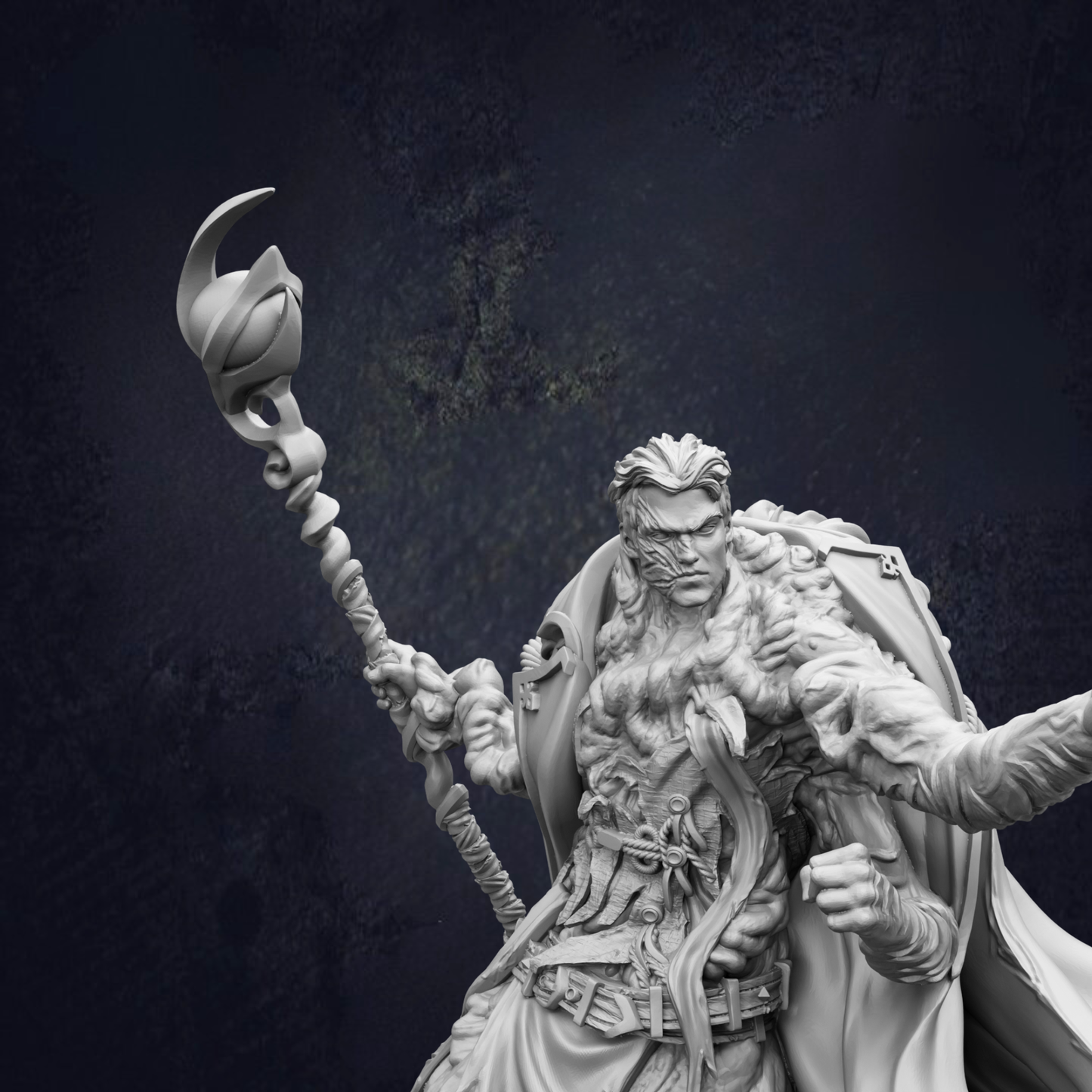 A detailed 3D model of a fantasy character, possibly a wizard or magical being, holding a staff and a staff-like object. The character has a long beard and is wearing a cape or cloak. The background is dark and blurred, creating a mysterious and dramatic atmosphere.