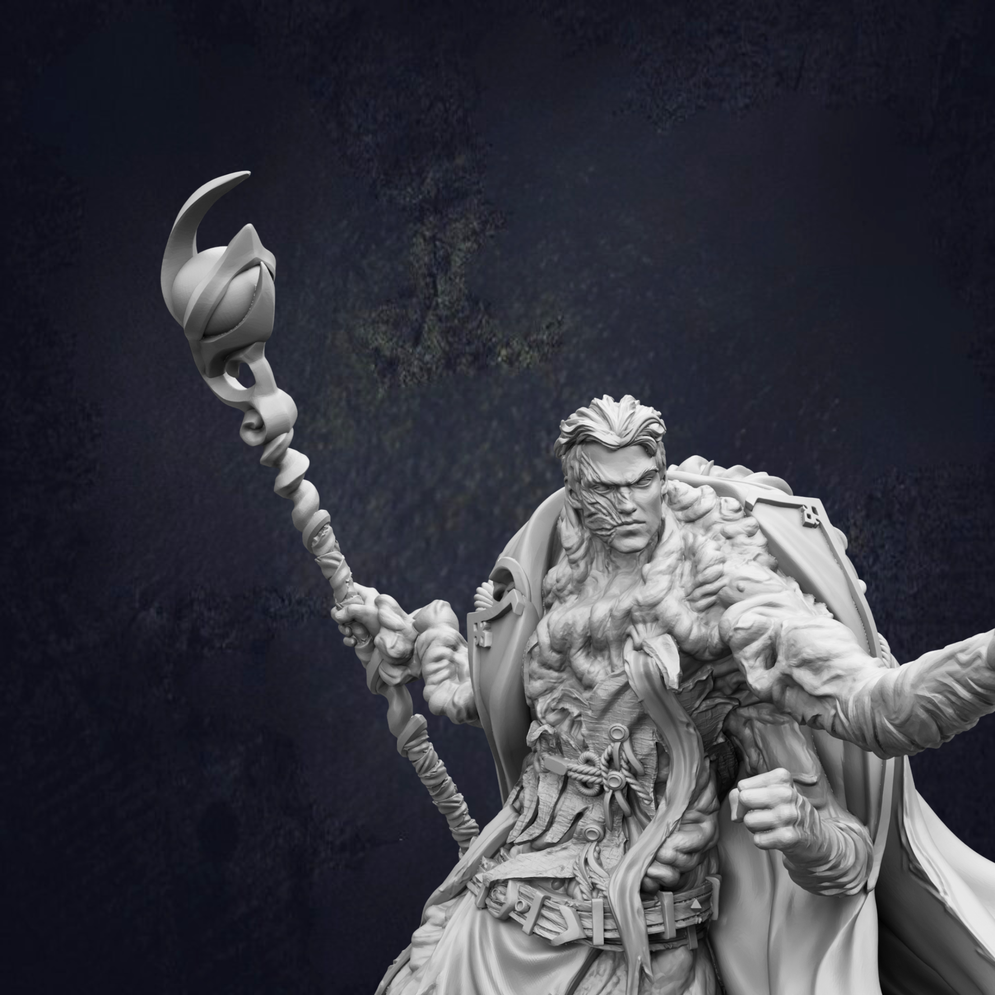 A detailed 3D model of a fantasy character, possibly a wizard or magical being, holding a staff and a staff-like object. The character has a long beard and is wearing a cape or cloak. The background is dark and blurred, creating a mysterious and dramatic atmosphere.