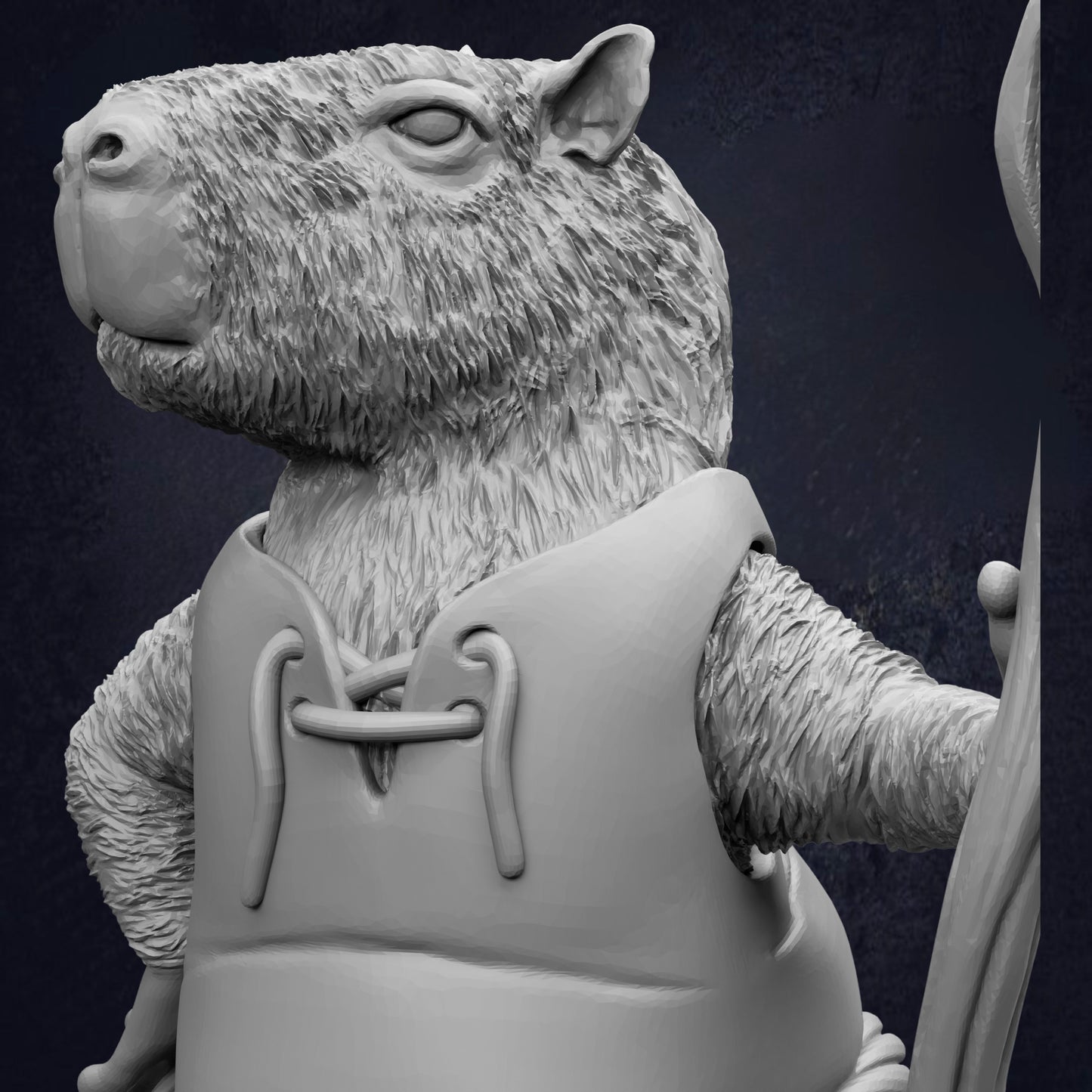 A detailed 3D rendering of a furry animal, possibly a rodent or a rodent-like creature, wearing a vest and standing against a dark background.