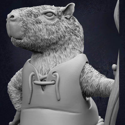 A detailed 3D rendering of a furry animal, possibly a rodent or a rodent-like creature, wearing a vest and standing against a dark background.