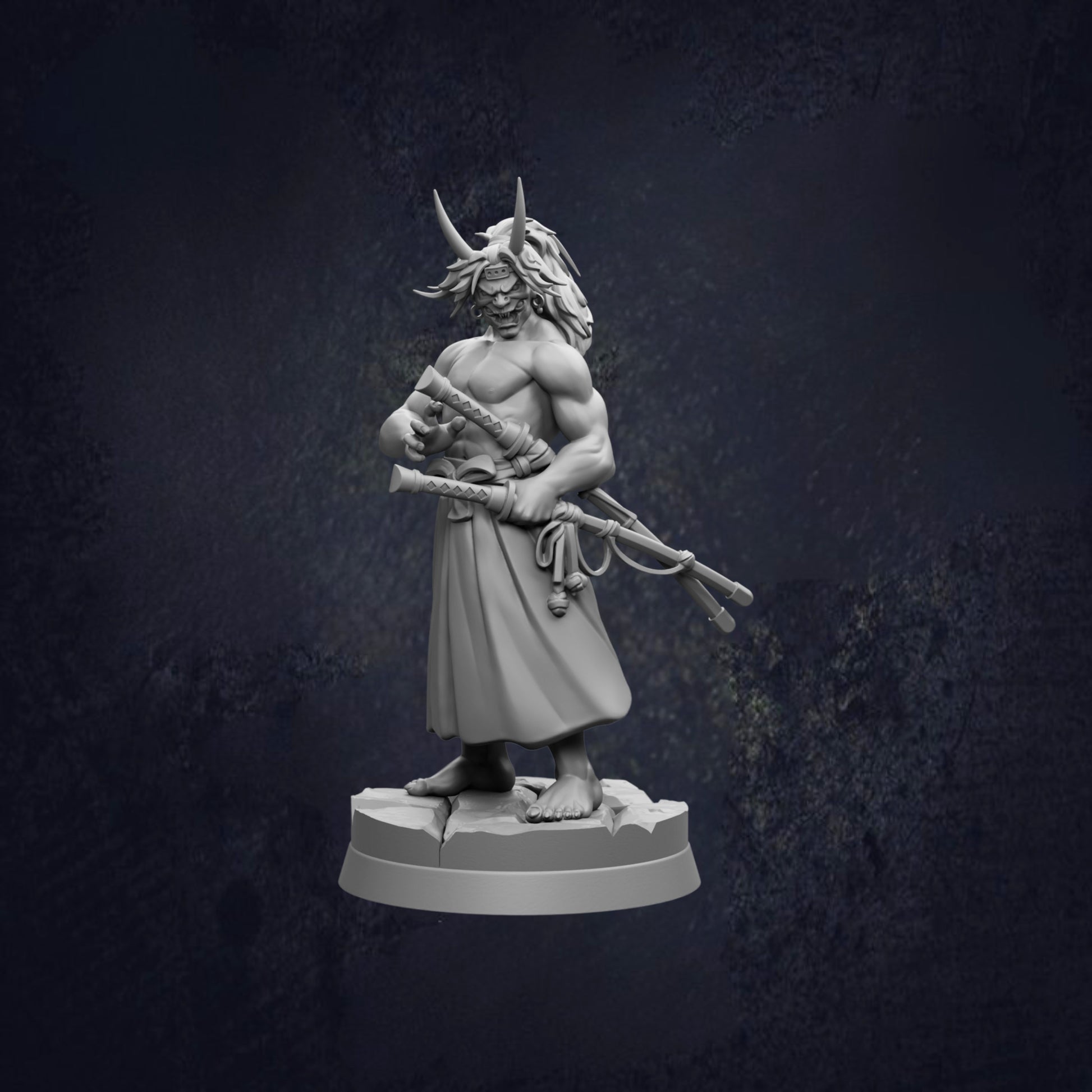 A 3D model of a warrior figure holding a sword and shield, standing on a pedestal against a dark background.