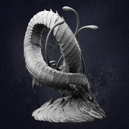 A detailed 3D rendering of a fantastical creature resembling a snake or serpent, with intricate scales and a coiled body.