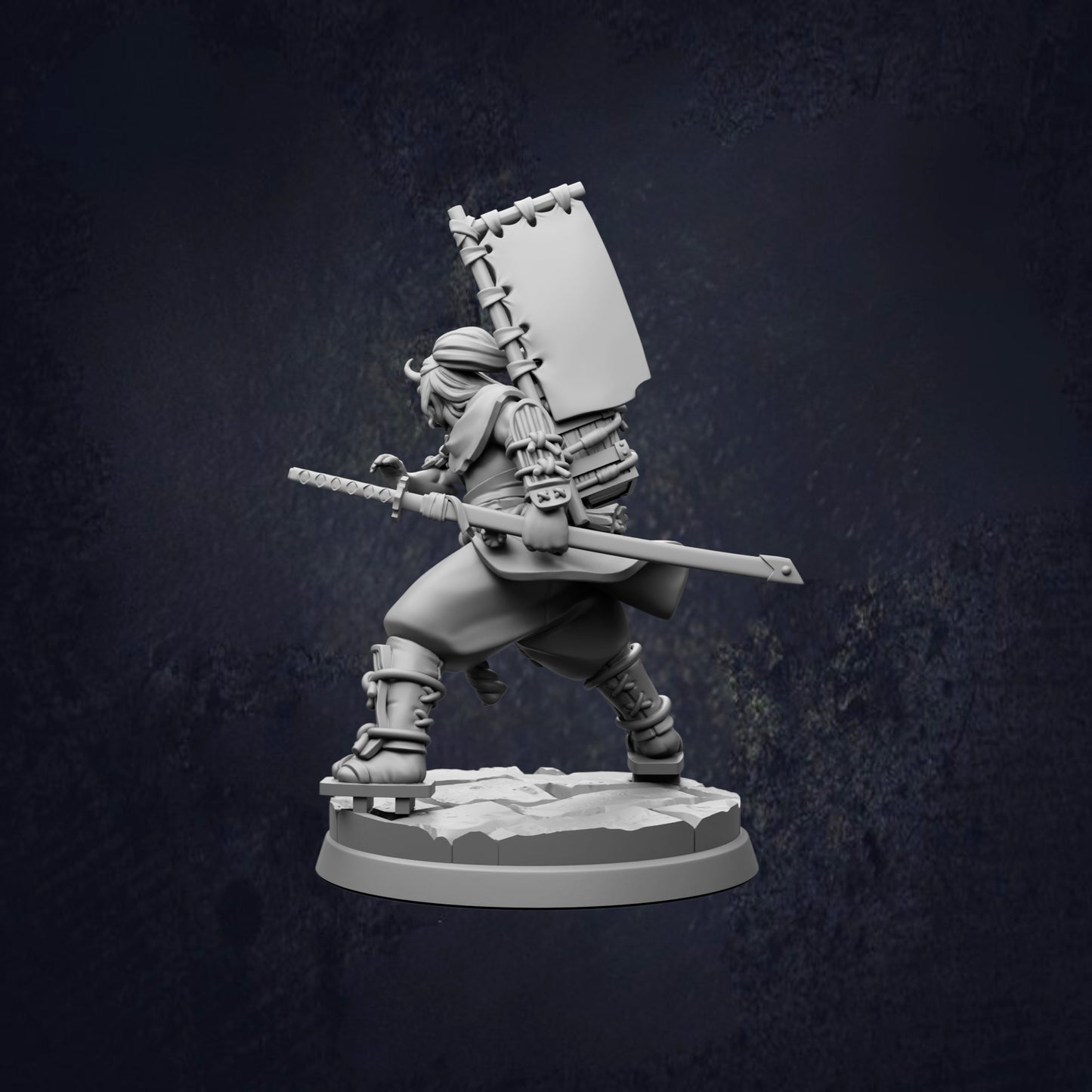 A 3D model of a warrior figure holding a sword and shield, standing on a platform against a dark background.