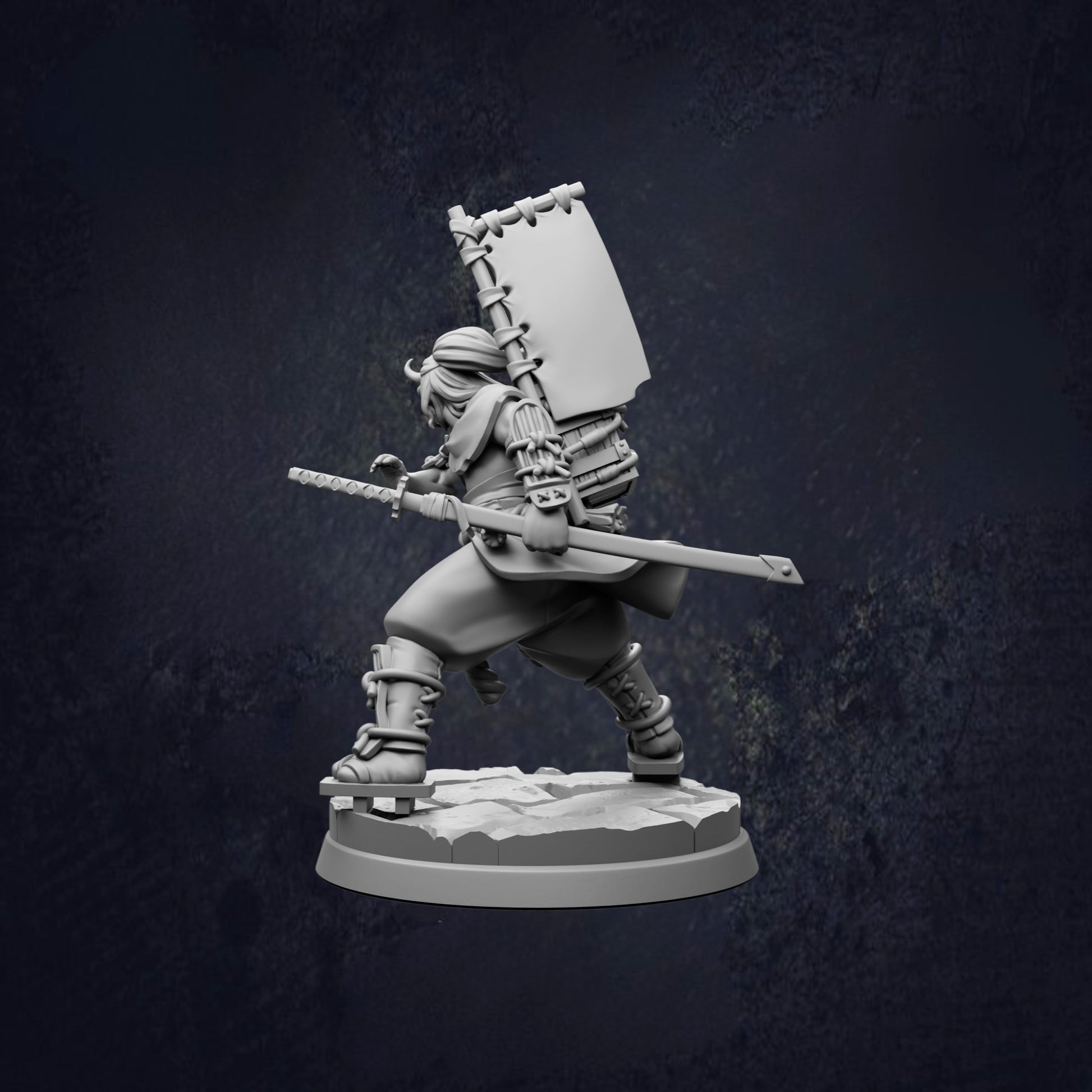 A 3D model of a warrior figure holding a sword and shield, standing on a platform against a dark background.