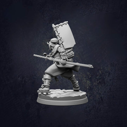 A 3D model of a warrior figure holding a sword and shield, standing on a platform against a dark background.
