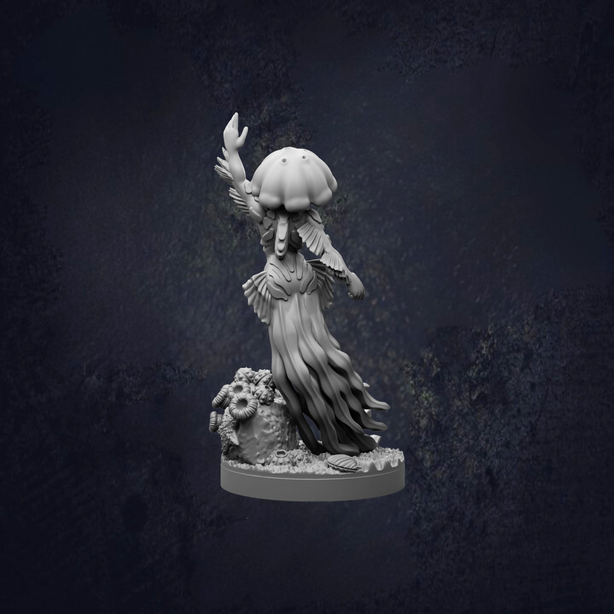 A statue of a jellyfish with a long, flowing body and a large, round head, standing on a rock and waving its tentacles.