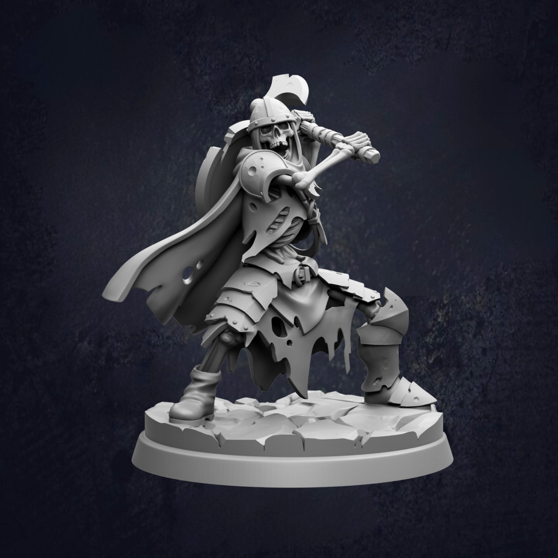 A 3D rendering of a warrior figure in a fighting stance, wearing a helmet and armor, with a sword in hand.
