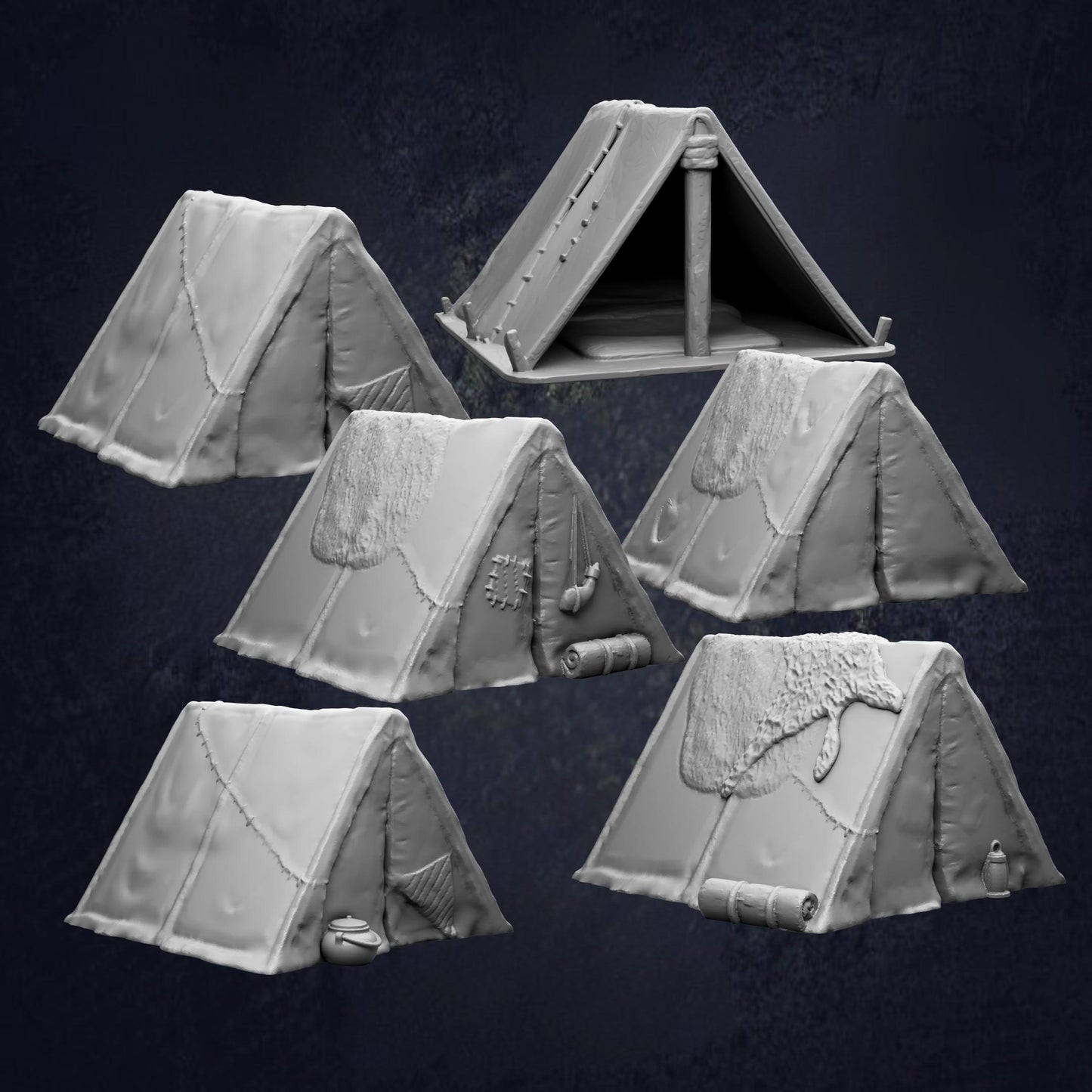 A collection of six tent-like structures, each with different designs and features, against a dark background.