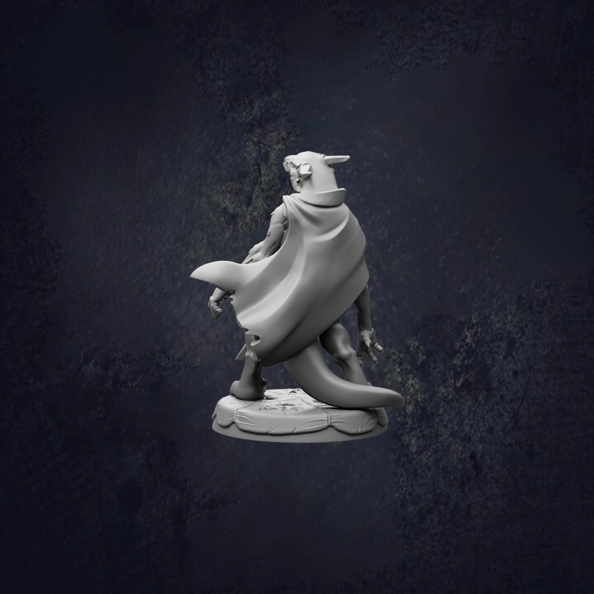 A 3D model of a character with a cape, standing against a dark background.